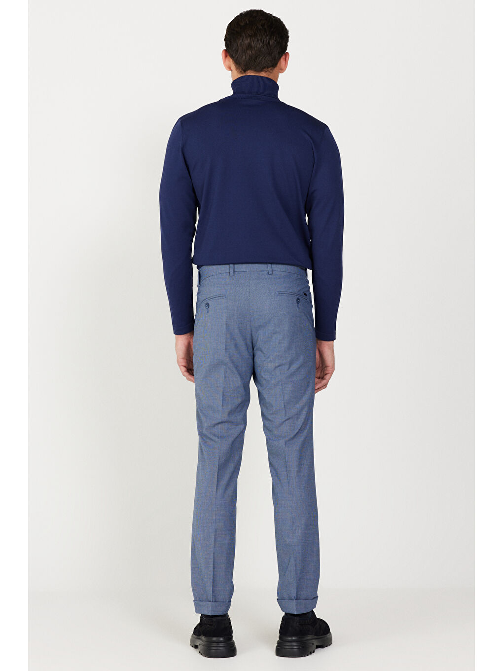 Erkek Lacivert Slim Fit Dar Kesim Yan Cepli Yünlü Desenli Beli Lastikli Pantolon-4