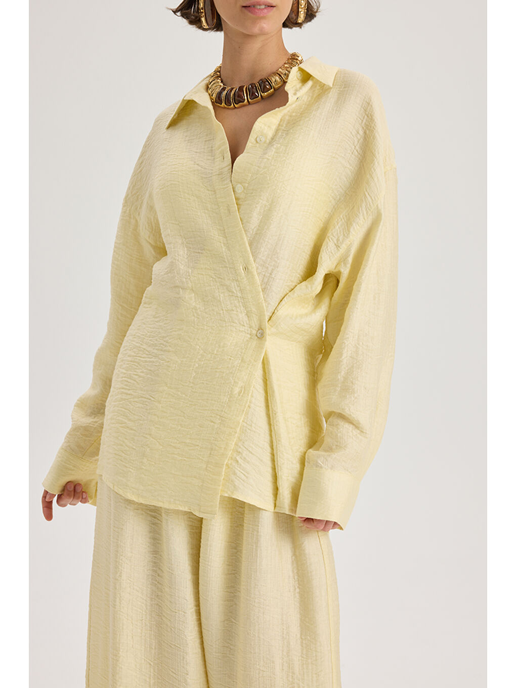 Yovena Düğme Detay Sarı Oversize Gömlek