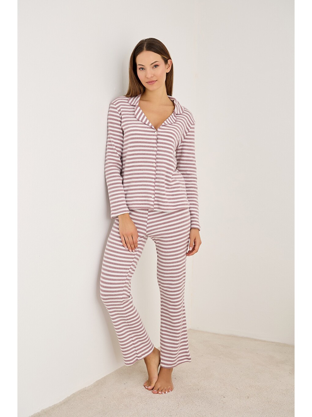 Karışık Fırçalı Soft Fitilli Kaşkorse Hırka Pijama Takım