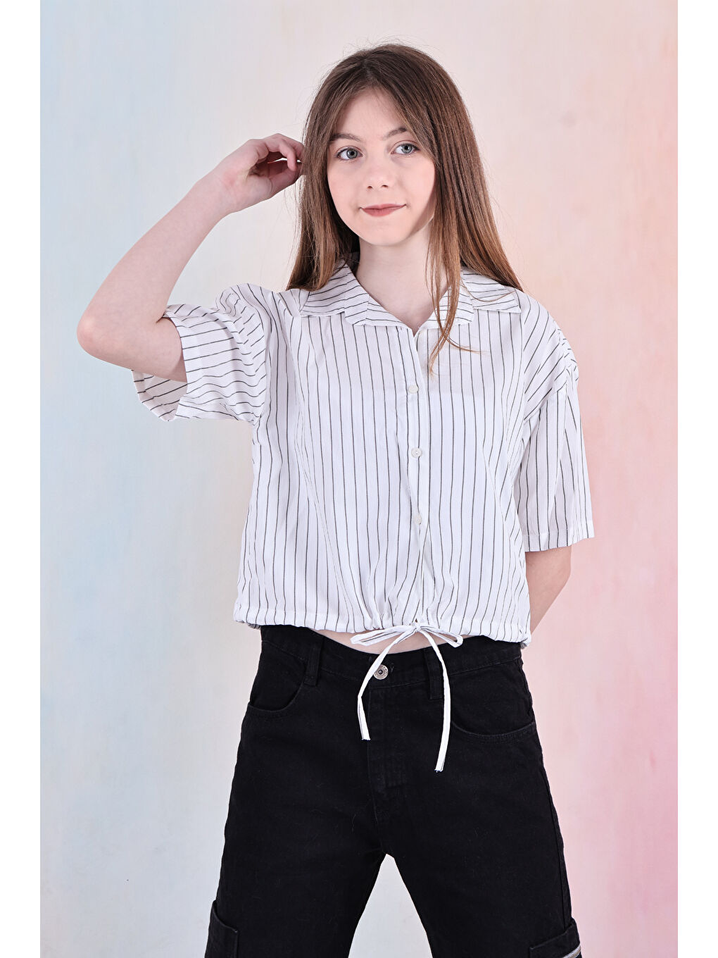 Haki Kız Çocuk Bel Büzgü Detaylı Crop Gömlek 6-14 Yaş 12253-2