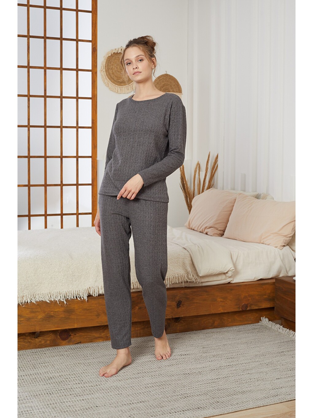 Antrasit Şardonlu Kışlık Örme Pijama Takım25226002-1