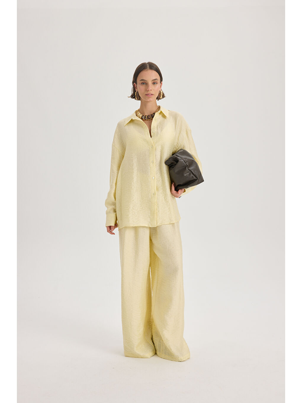 Yovena Düğme Detay Sarı Oversize Gömlek-1