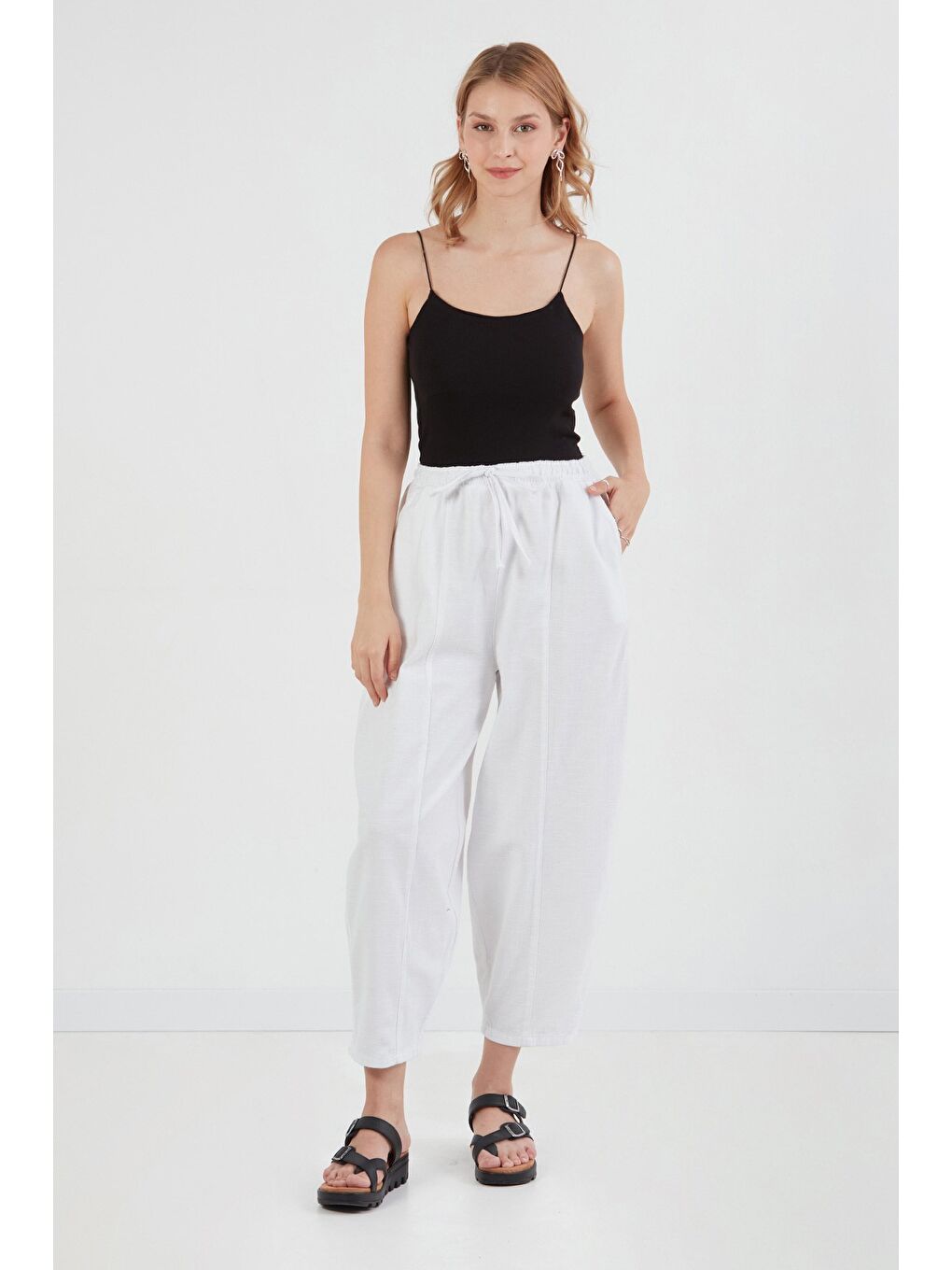 Beyaz Beli Lastikli Yüksek Bel Keten Şalvar Pantolon