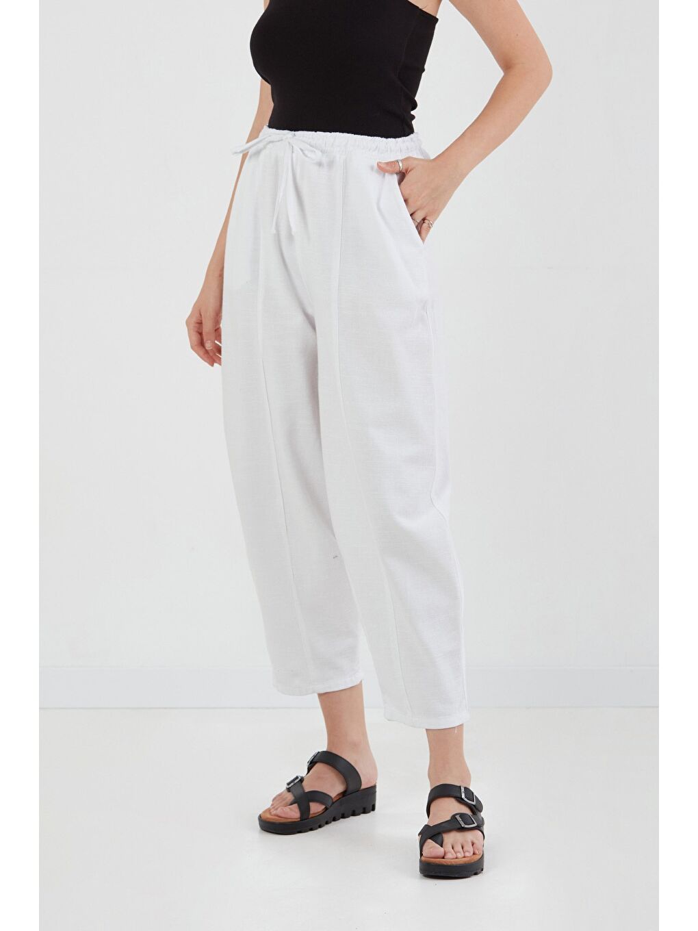 Beyaz Beli Lastikli Yüksek Bel Keten Şalvar Pantolon-1