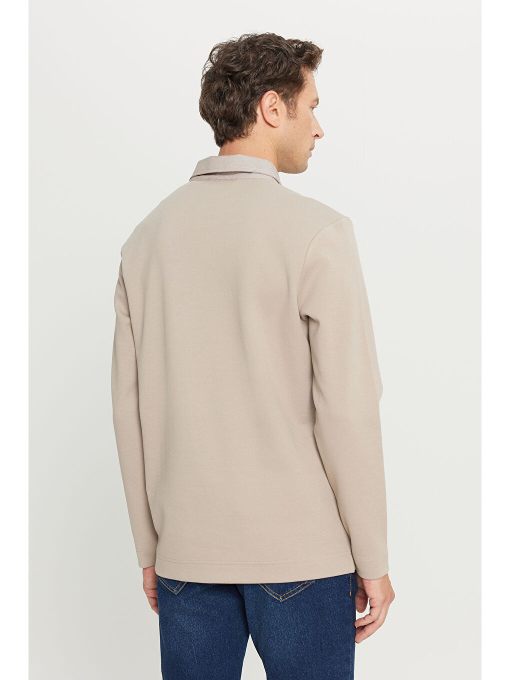 Erkek Bej Pamuklu Slim Fit Dar Kesim Polo Yaka Uzun Kollu Esnek Tişört-3