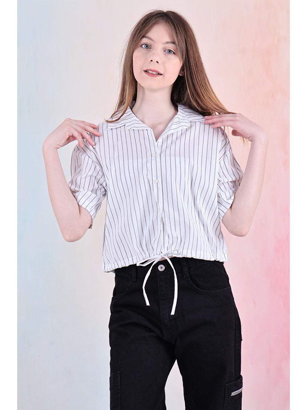 Haki Kız Çocuk Bel Büzgü Detaylı Crop Gömlek 6-14 Yaş 12253-3