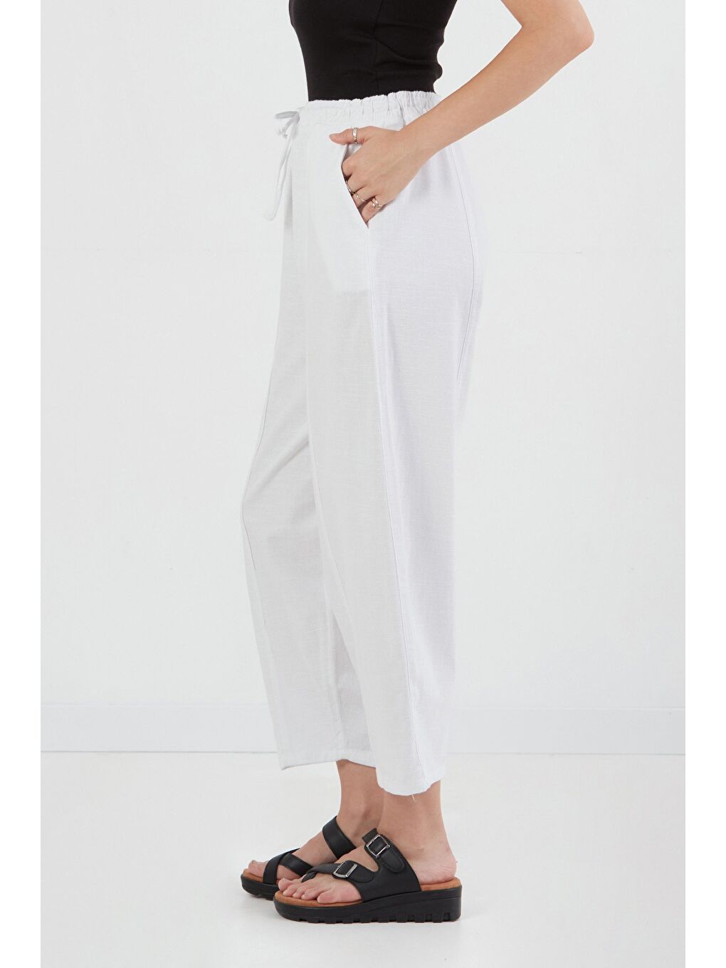 Beyaz Beli Lastikli Yüksek Bel Keten Şalvar Pantolon-2