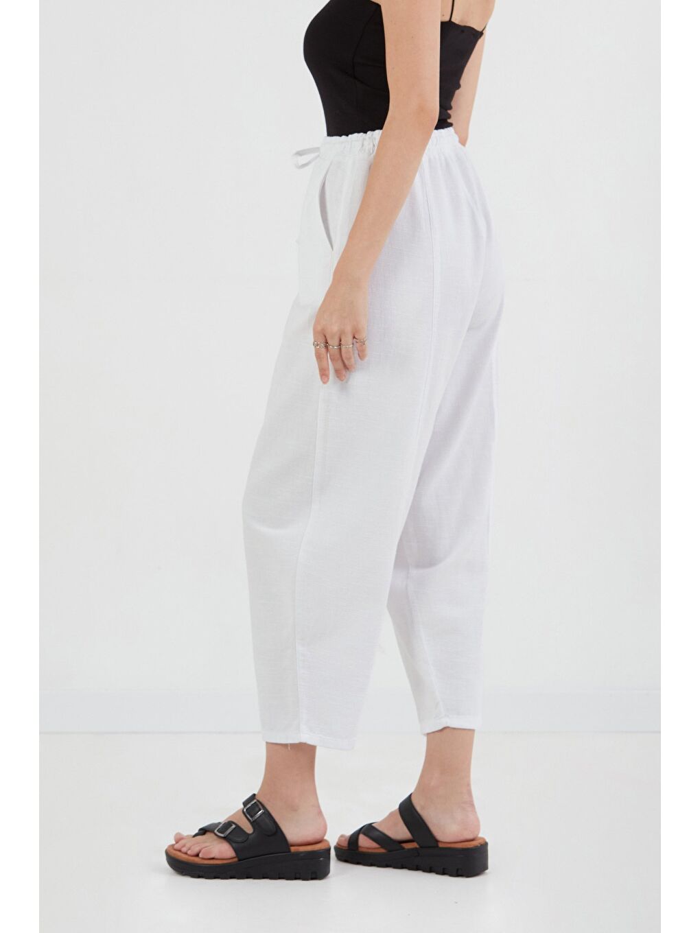 Beyaz Beli Lastikli Yüksek Bel Keten Şalvar Pantolon-3