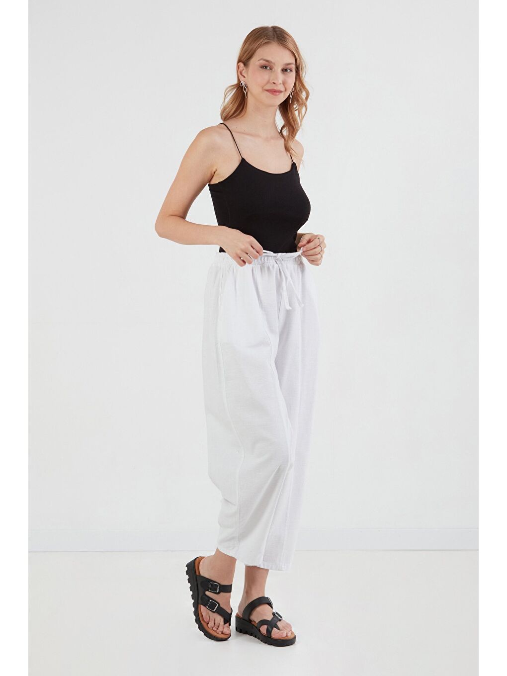 Beyaz Beli Lastikli Yüksek Bel Keten Şalvar Pantolon-4