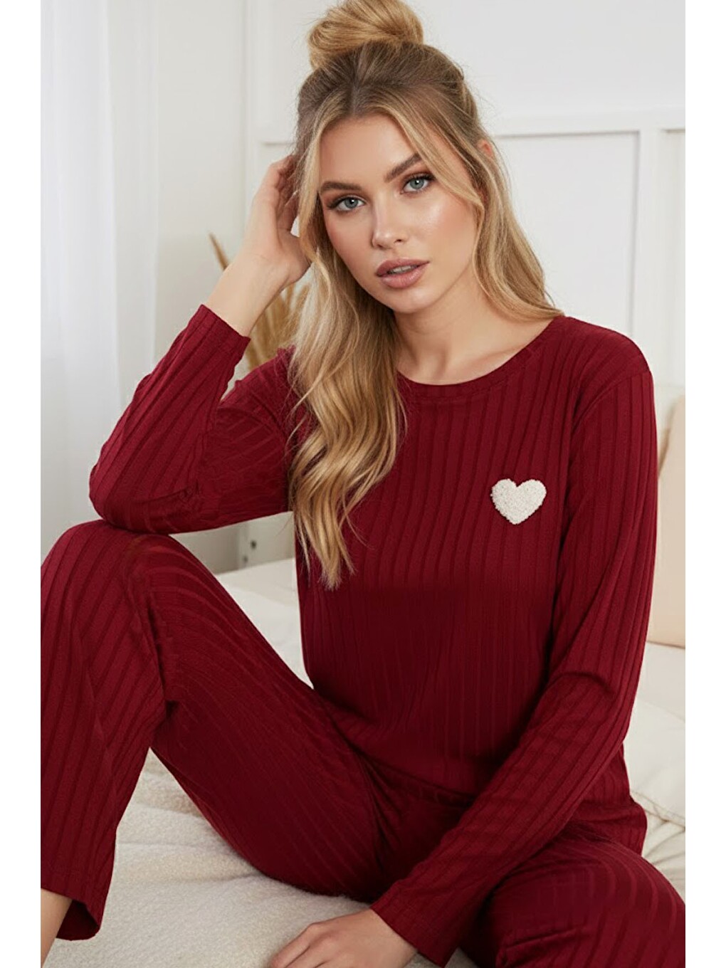 Bordo Fitilli Örme Pijama Takım25226003