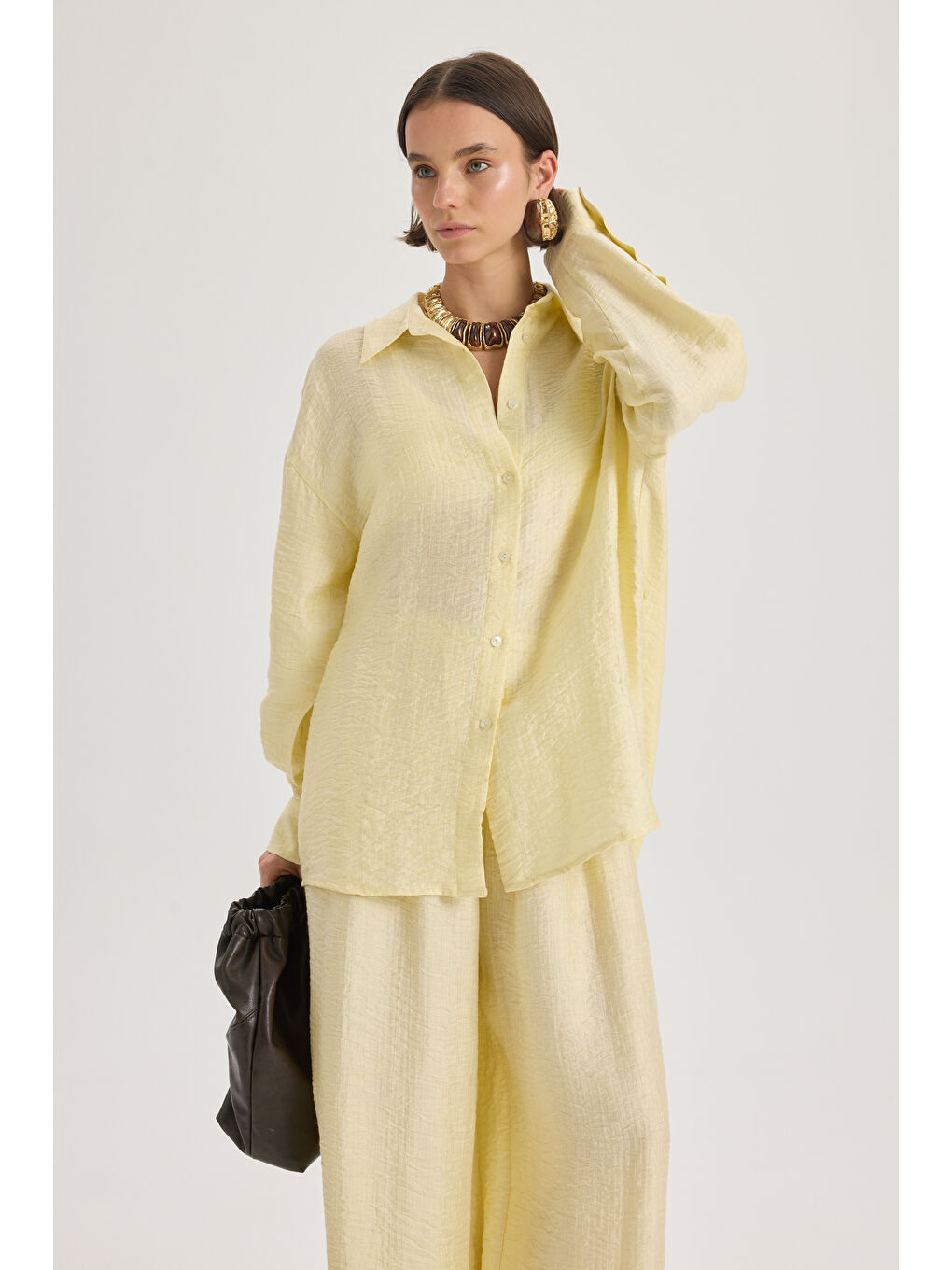 Yovena Düğme Detay Sarı Oversize Gömlek-2
