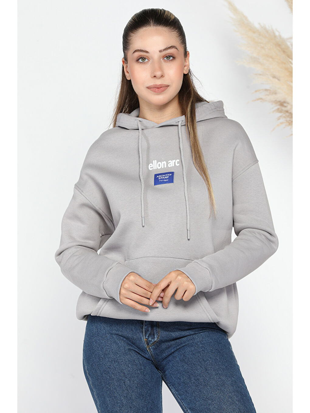 GÜLSELİ Gri Kanguru Cepli Üç İplik Şardonlu Kapüşonlu Sweatshirt