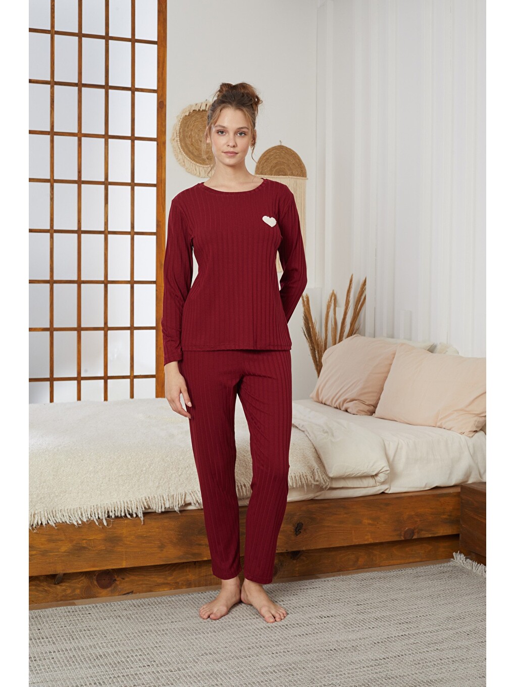 Bordo Fitilli Örme Pijama Takım25226003-1