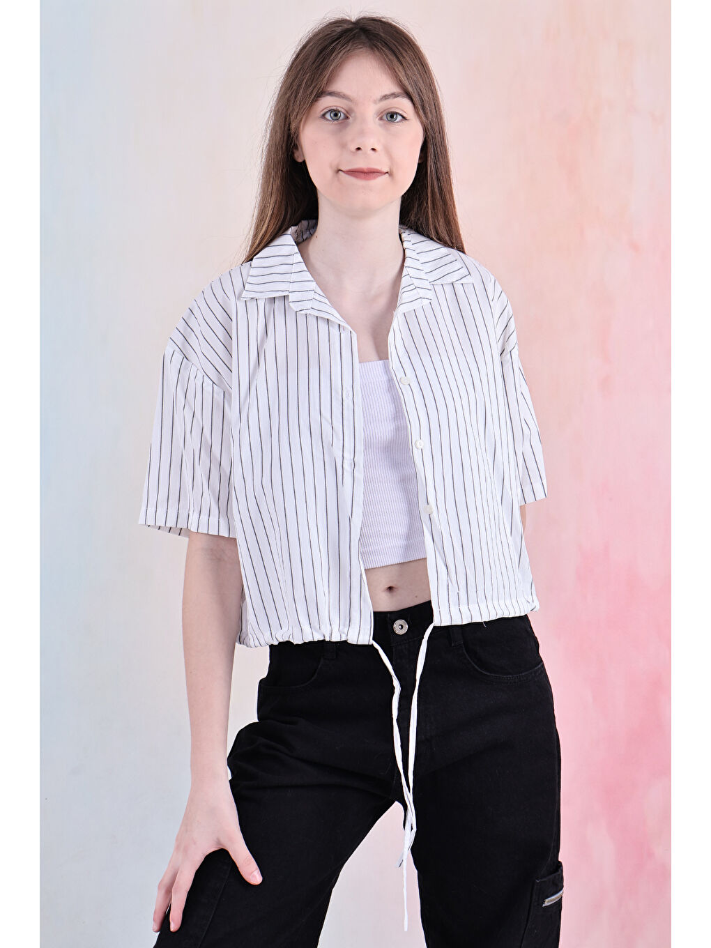 Haki Kız Çocuk Bel Büzgü Detaylı Crop Gömlek 6-14 Yaş 12253-4