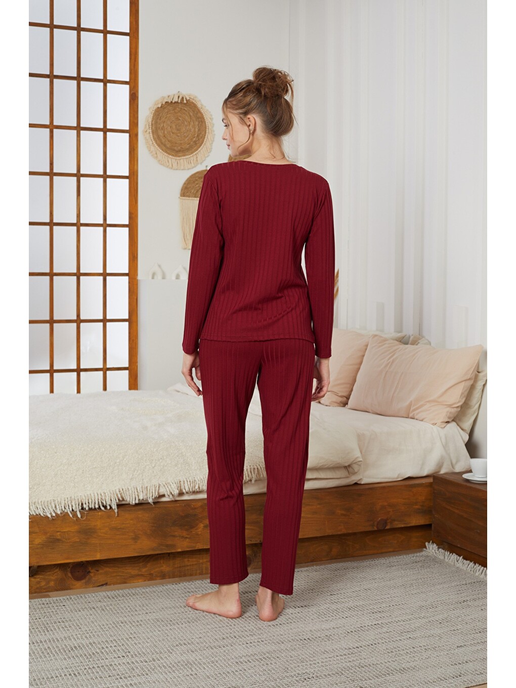Bordo Fitilli Örme Pijama Takım25226003-2