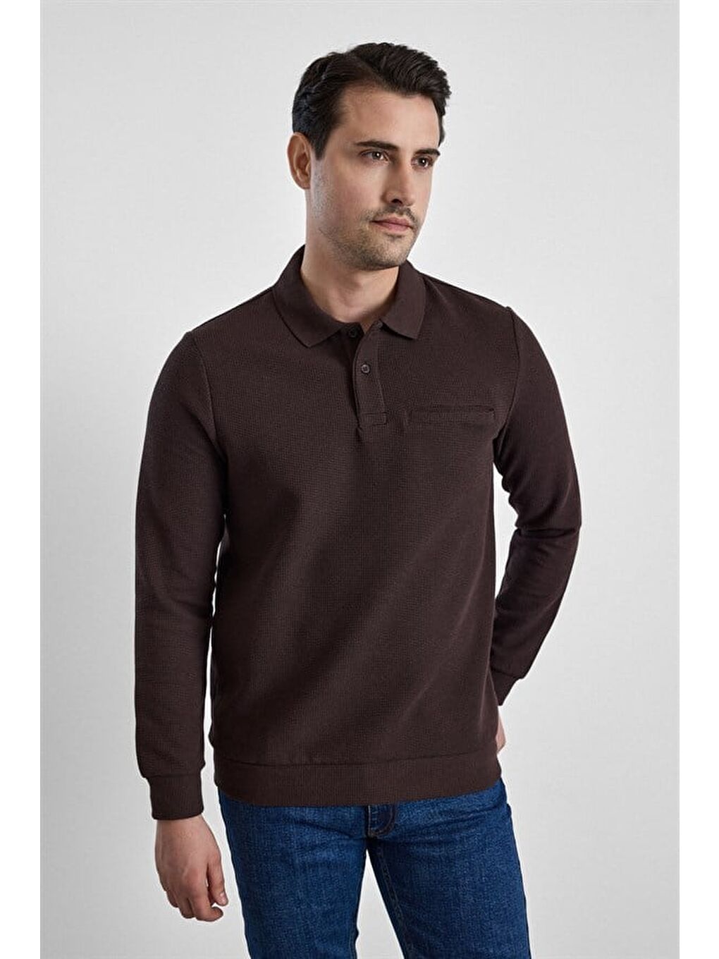 Kahverengi Koyu Kahve Regular Düz Baskısız Selanik Düğmeli Polo Yaka Torba Cep Trikolu Standart Sweatshirt-2