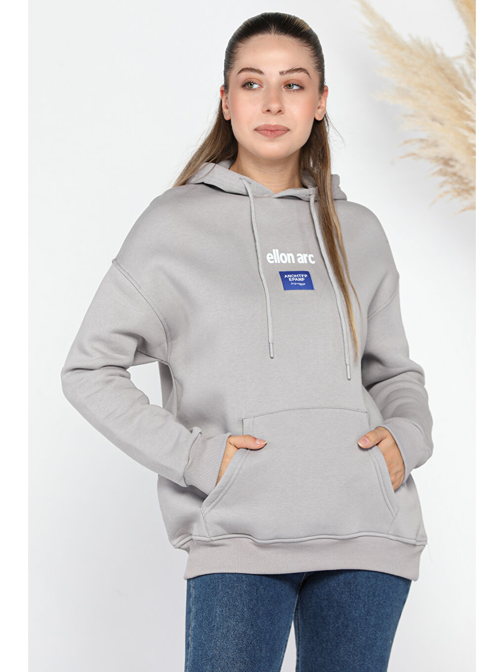 GÜLSELİ Gri Kanguru Cepli Üç İplik Şardonlu Kapüşonlu Sweatshirt - 1