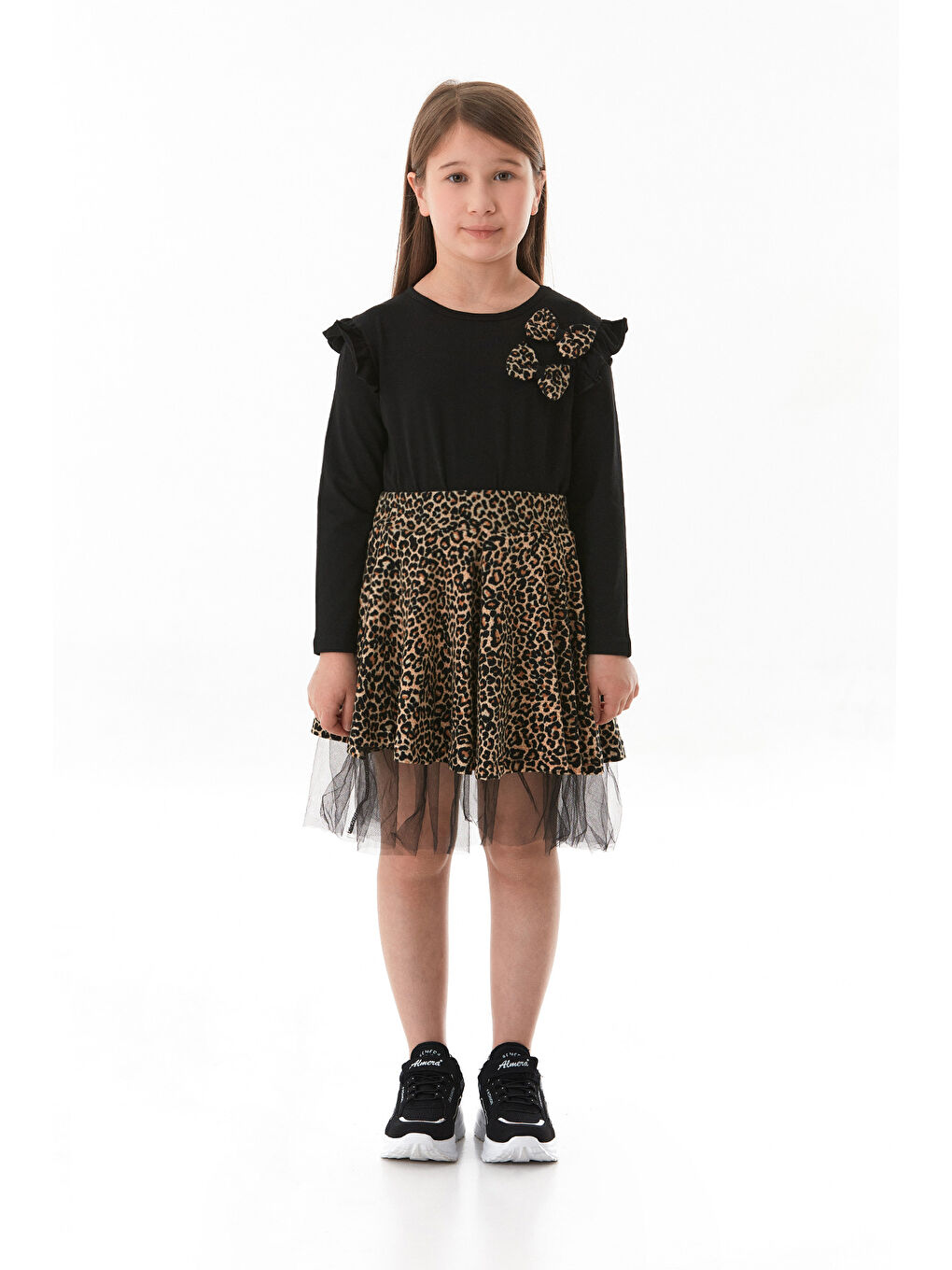 Kahverengi Leopar Desenli Fiyonklu Tüllü Kız Çocuk Elbise-1