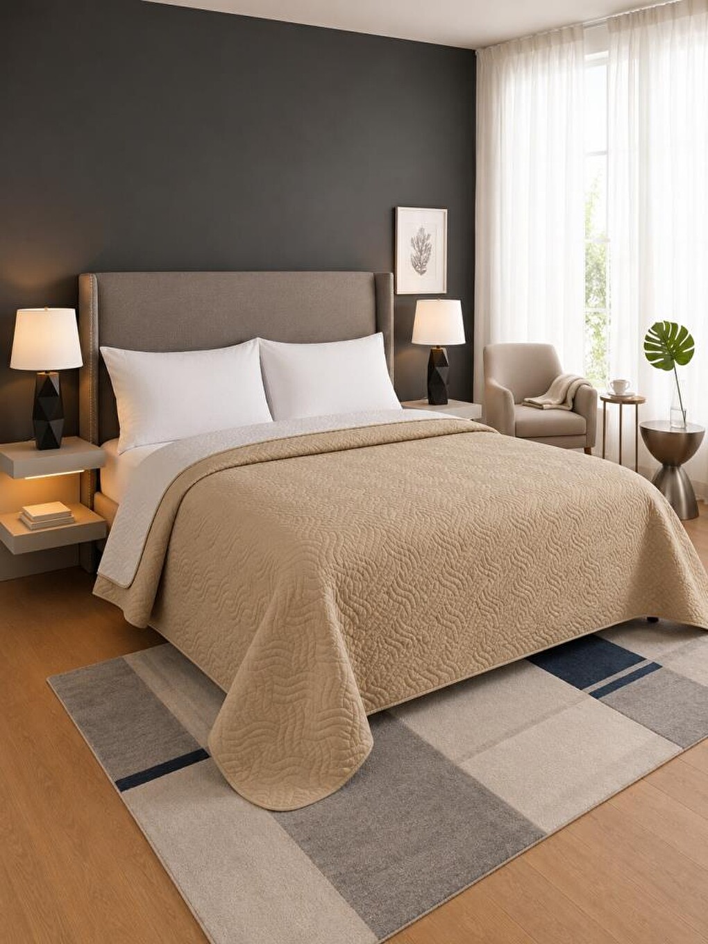 Nova Ultrasonik Kapitoneli Çift Taraflı Çift Kişilik 200x220 Cm Kırlentsiz Tek Pike Bej