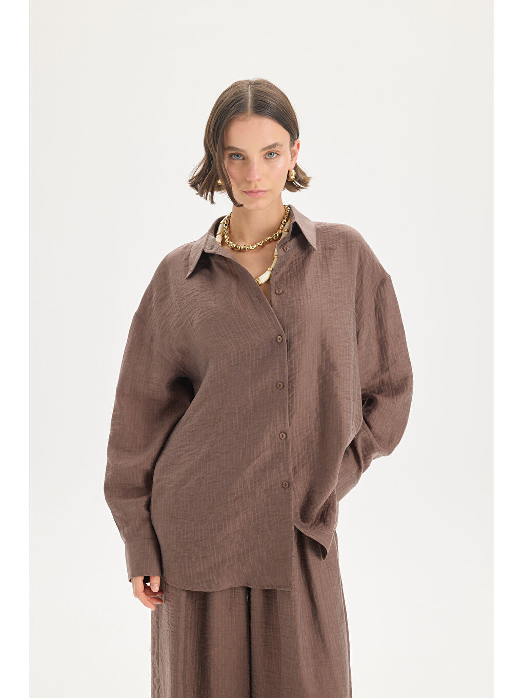 Kahverengi Yovena Düğme Detay Kahve Oversize Gömlek-2