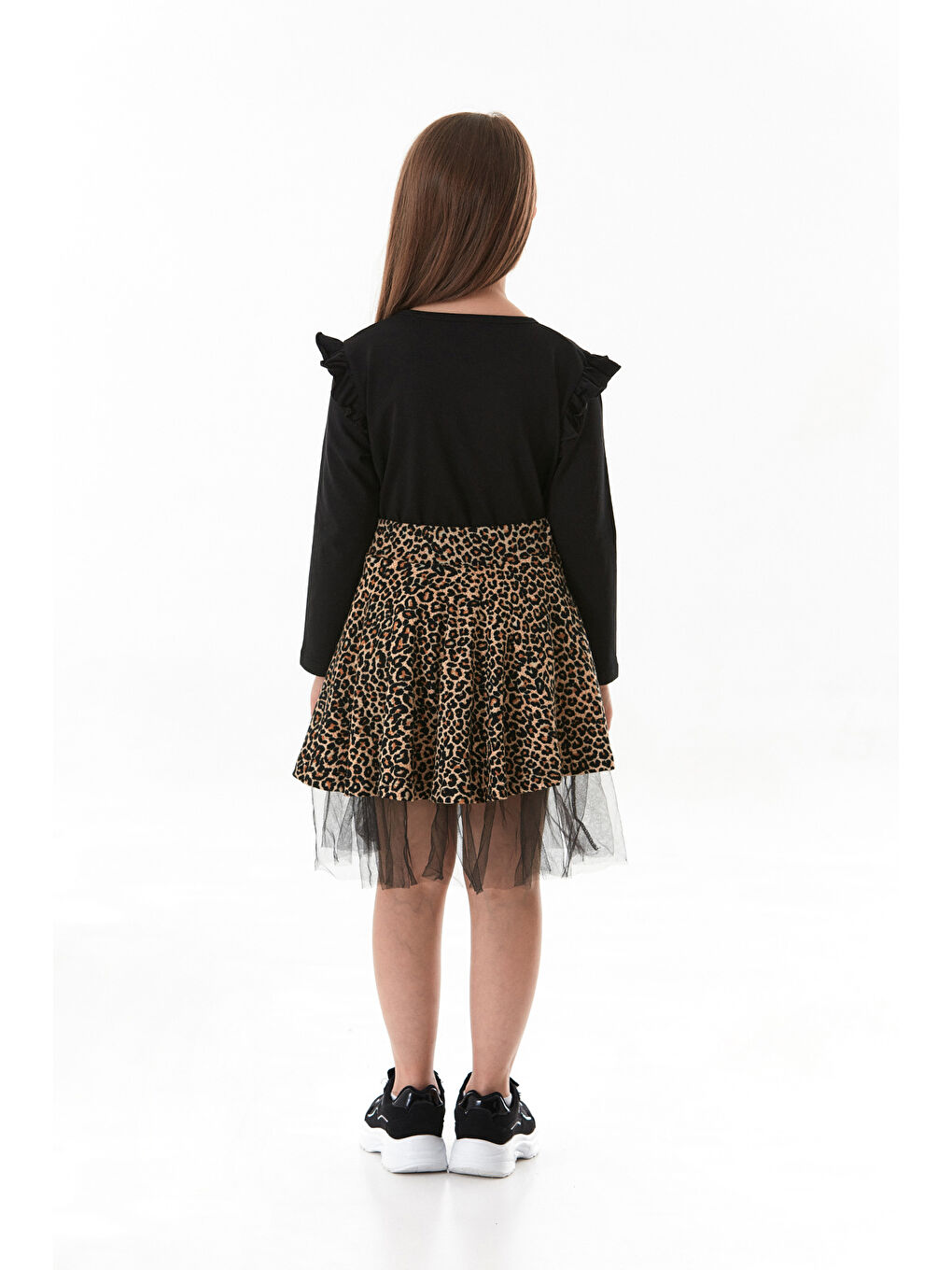 Kahverengi Leopar Desenli Fiyonklu Tüllü Kız Çocuk Elbise-2