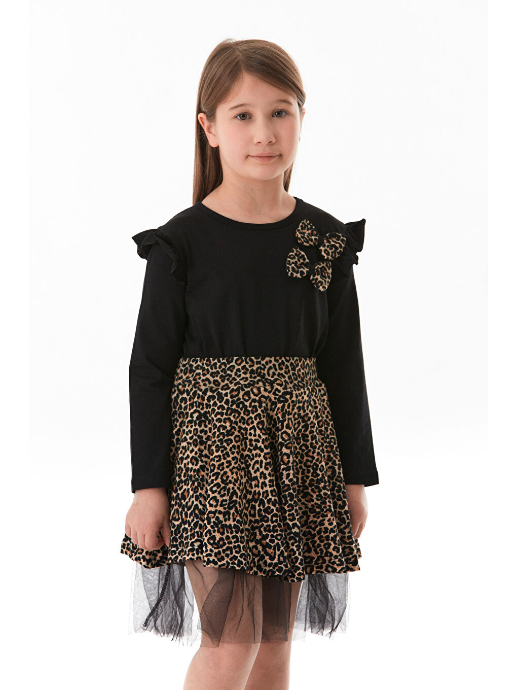 Kahverengi Leopar Desenli Fiyonklu Tüllü Kız Çocuk Elbise-3