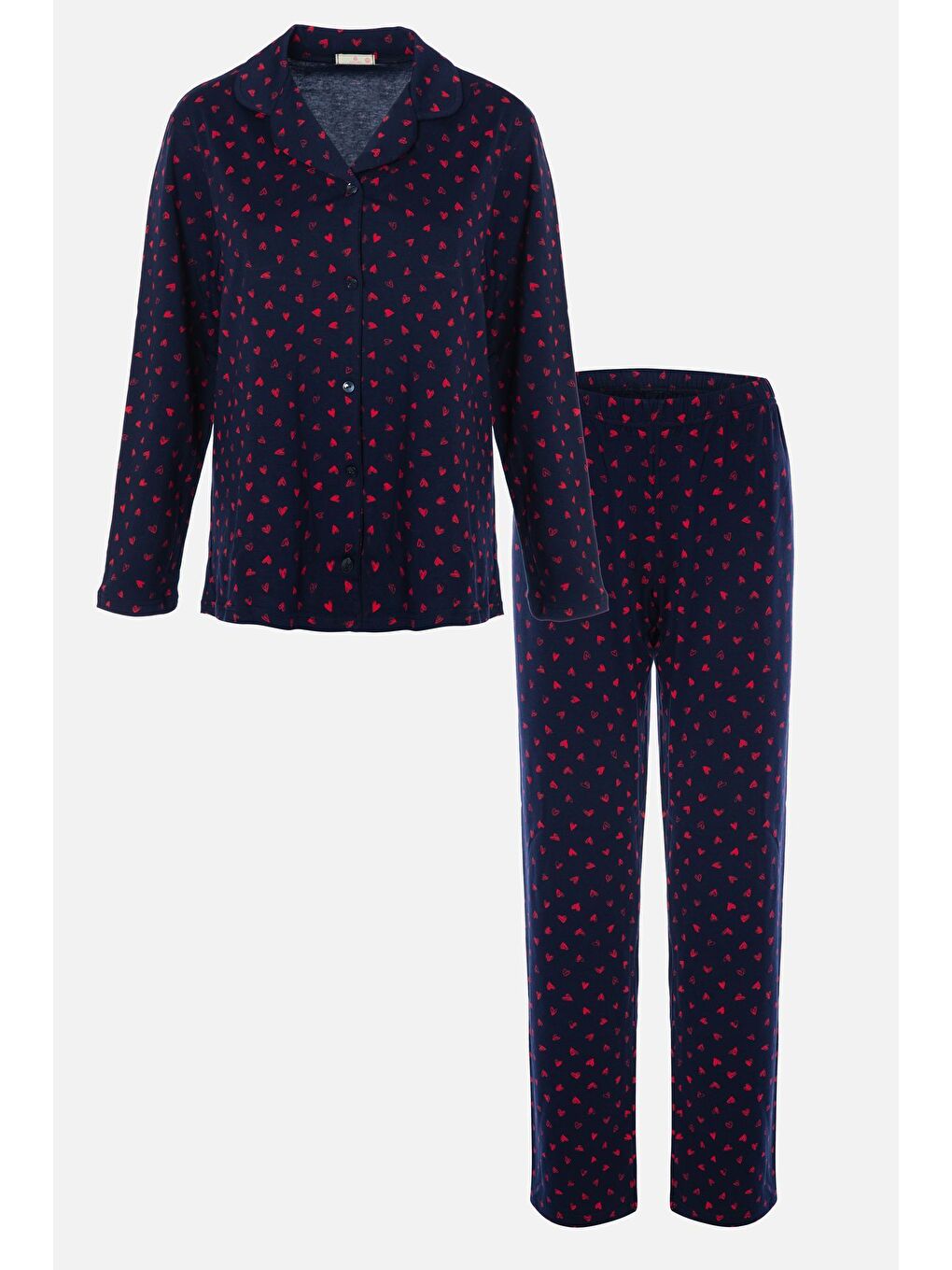 Mercan Kadın Lacivert Kırmızı Kalpli Desenli Pamuklu Düğmeli Pijama Takımı