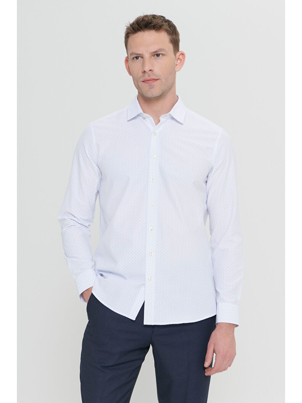 Erkek Beyaz-Mavi Slim Fit Dar Kesim Klasik Yaka Pamuklu Armürlü Gömlek-4