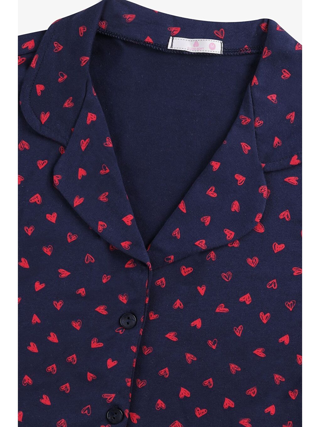 Mercan Kadın Lacivert Kırmızı Kalpli Desenli Pamuklu Düğmeli Pijama Takımı-1