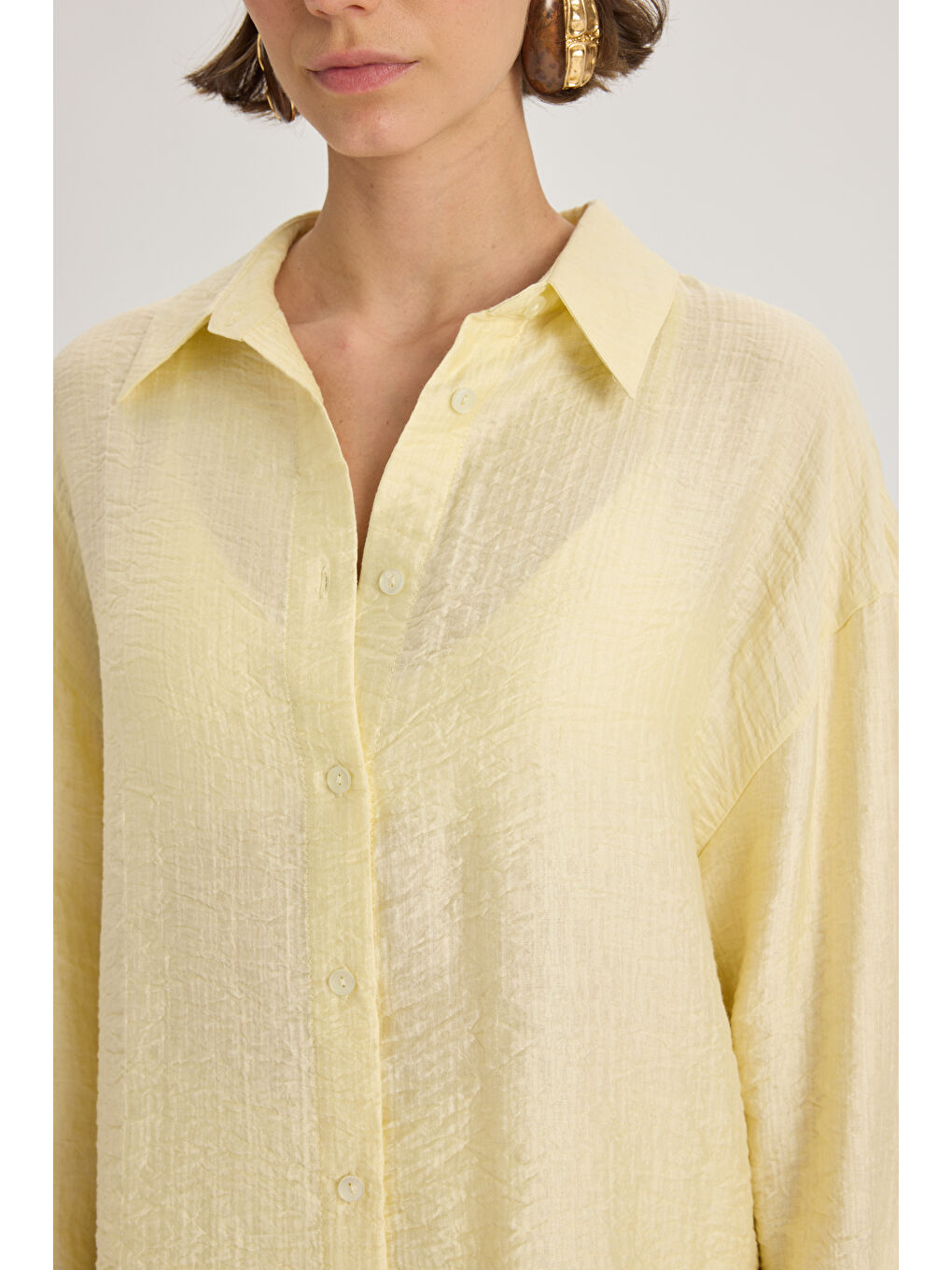 Yovena Düğme Detay Sarı Oversize Gömlek-6
