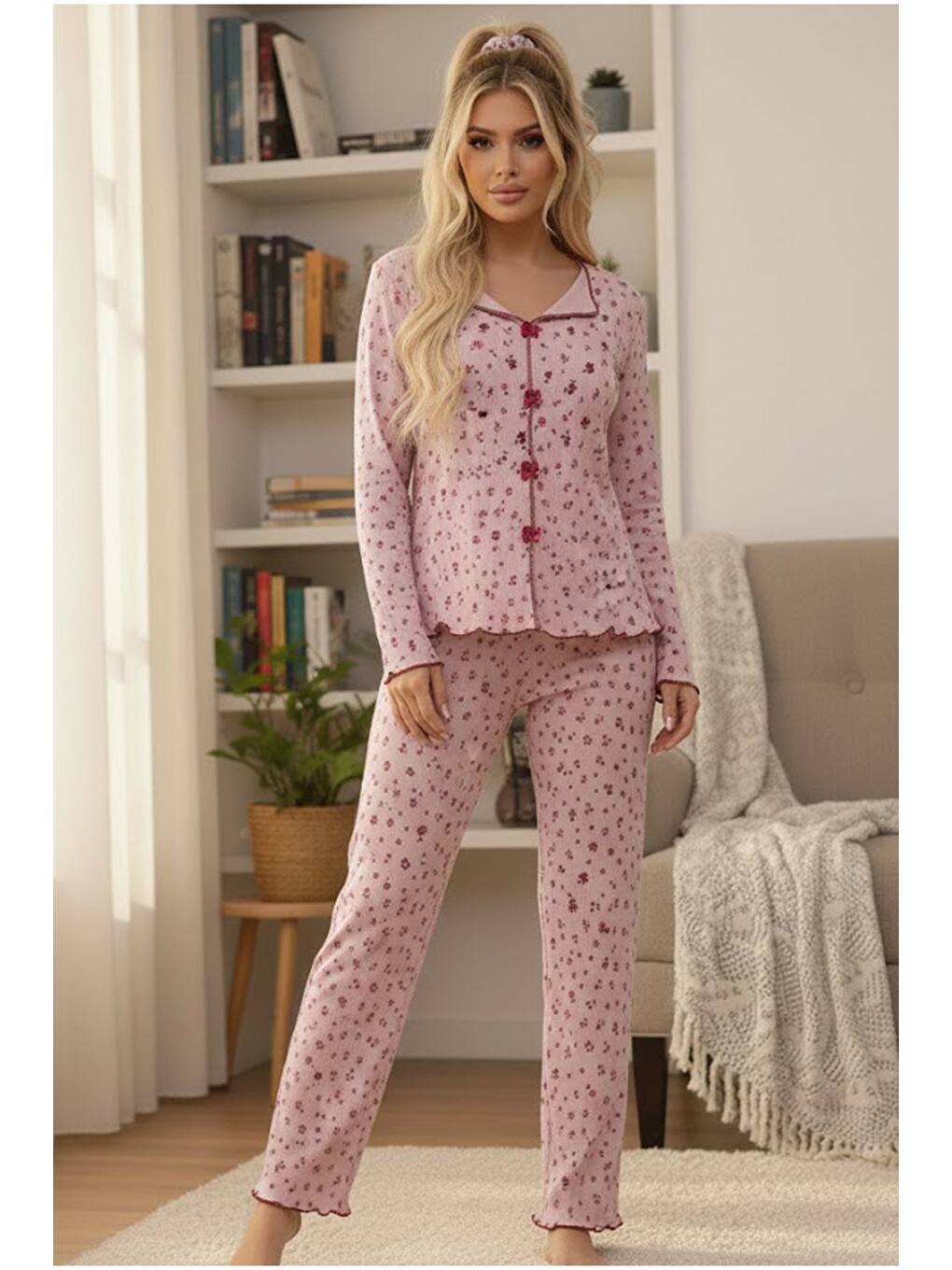 Karışık Pamuklu Fiyonklu Fitilli Örme Pijama Takım 2526004-1
