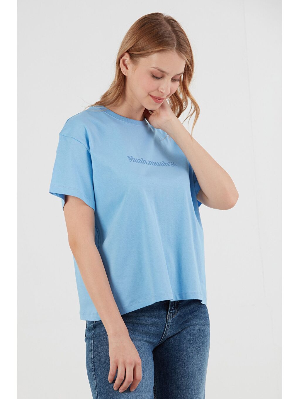 Mavi Yazı Baskılı Bisiklet Yaka Tişört-3