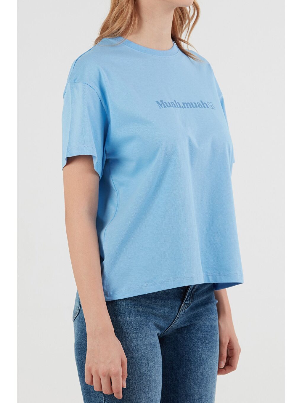 Mavi Yazı Baskılı Bisiklet Yaka Tişört-4