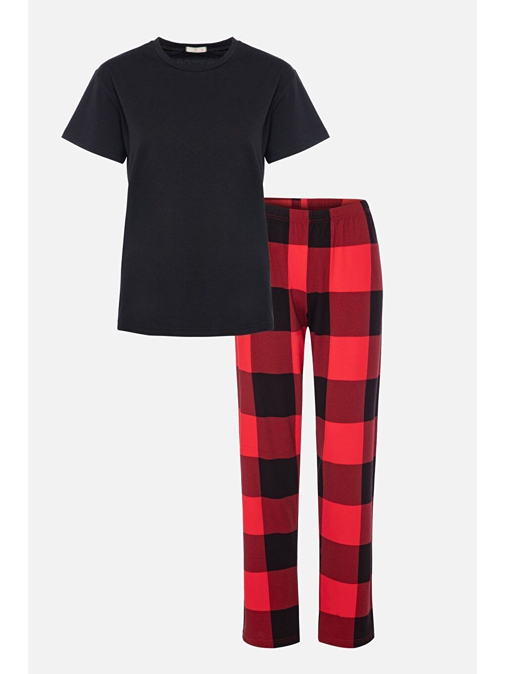 Kadın Kısa Kollu Pamuklu Kırmızı Ekose Desenli Kombinli Pijama Takımı