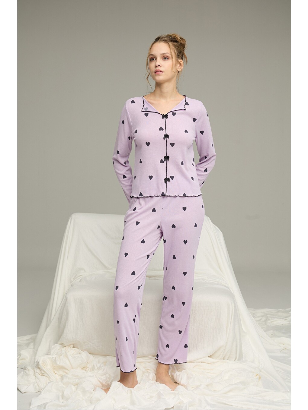 Lila Pamuklu Fiyonklu Fitilli Örme Pijama Takım25226004-9-1