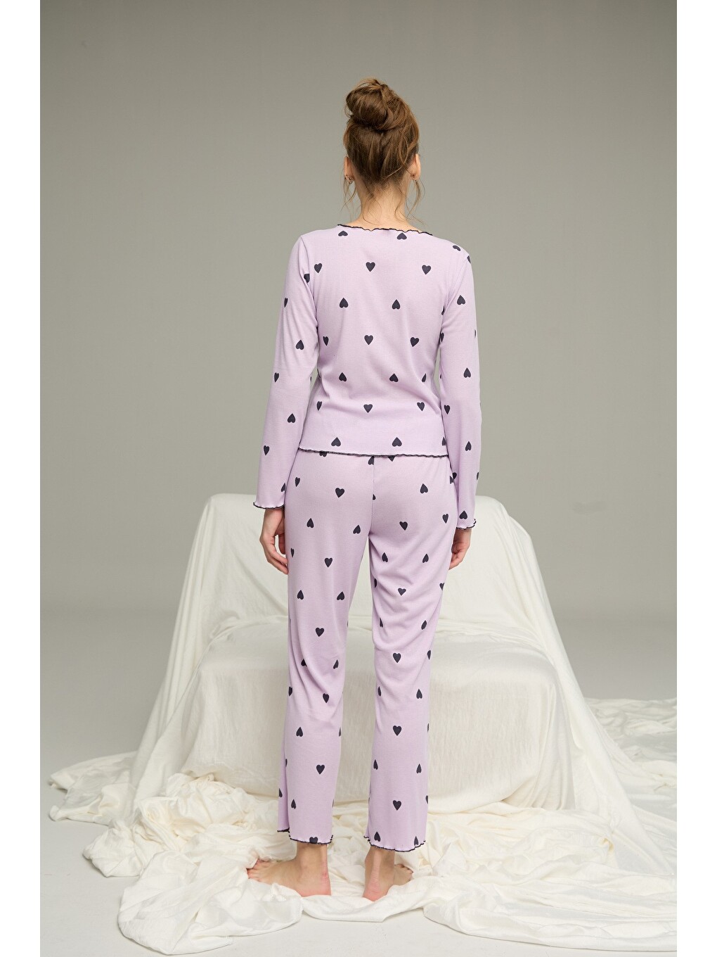 Lila Pamuklu Fiyonklu Fitilli Örme Pijama Takım25226004-9-2