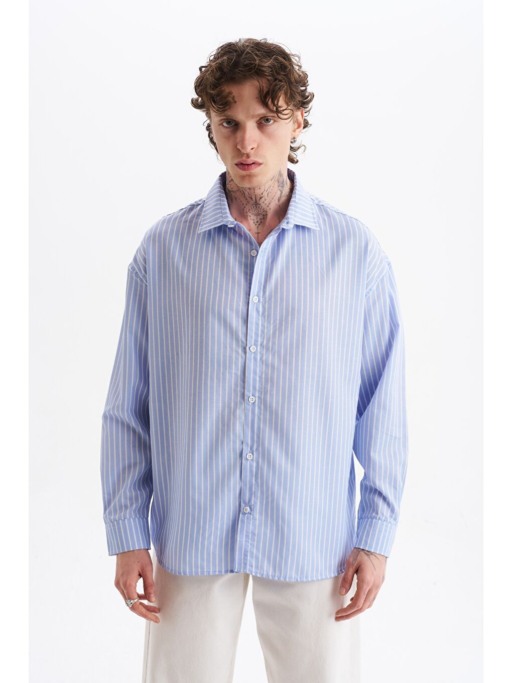 Erkek %100 Pamuklu Çizgili Gömlek Buz Mavisi