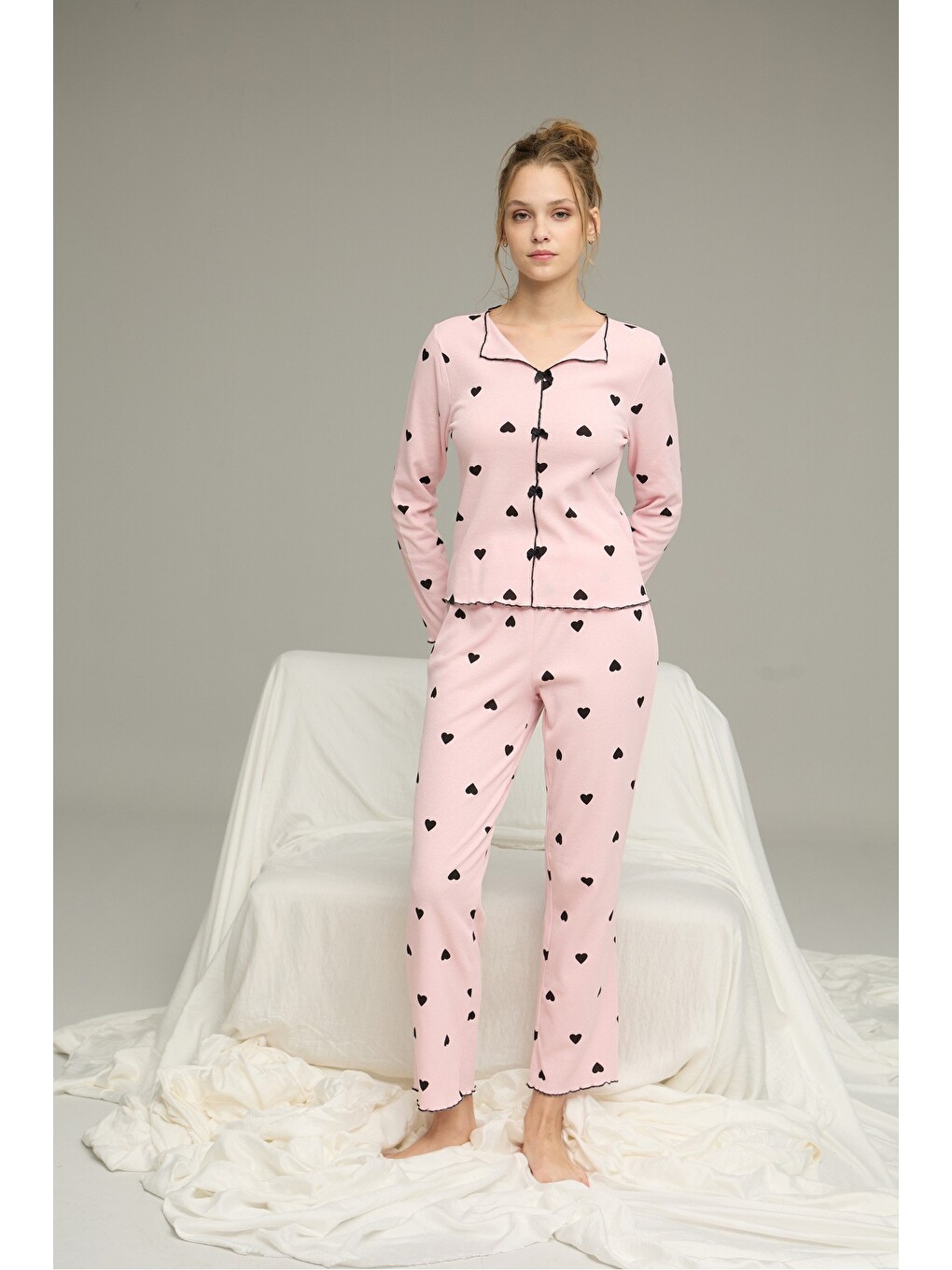 Pembe Pamuklu Fiyonklu Fitilli Örme Pijama Takım25226004-6-1