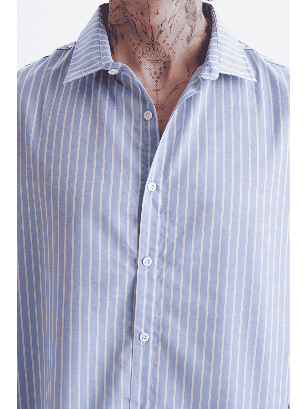 Erkek %100 Pamuklu Çizgili Gömlek Buz Mavisi-1