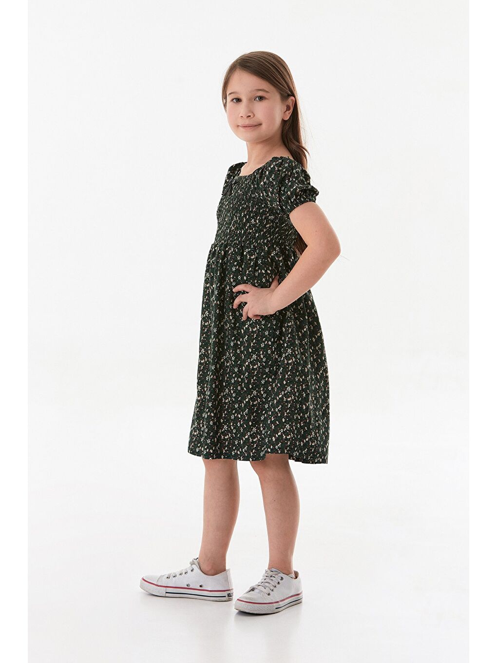 Yeşil Çiçekli Madonna Yaka Balon Kol Kız Çocuk Elbise-2