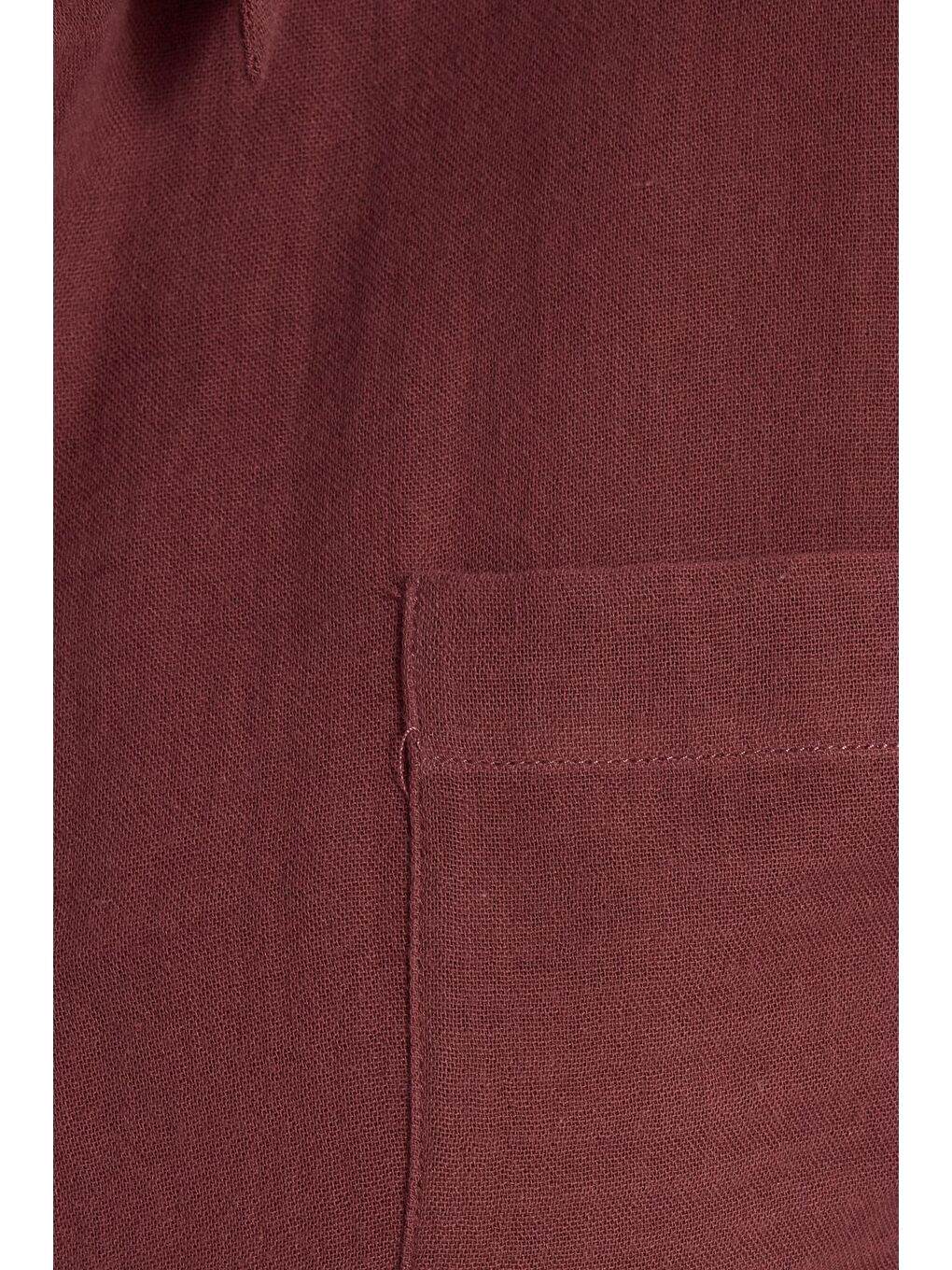 Kadın Oversize Geniş Kesim %100 Pamuk Müslin Kumaş Uzun Kollu Cepli Dokulu Kahverengi Gömlek-4