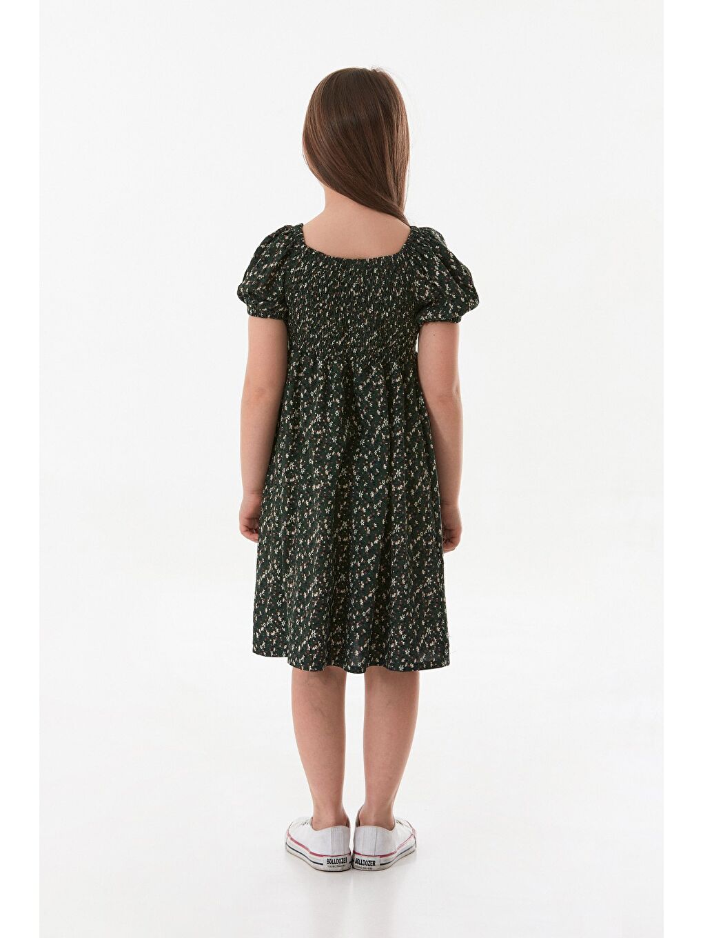 Yeşil Çiçekli Madonna Yaka Balon Kol Kız Çocuk Elbise-3