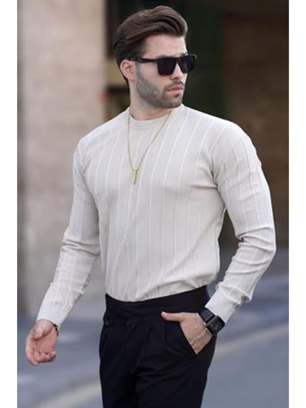 Bej Bisiklet Yaka Çizgili Uzun Kollu Kazak 7244-1