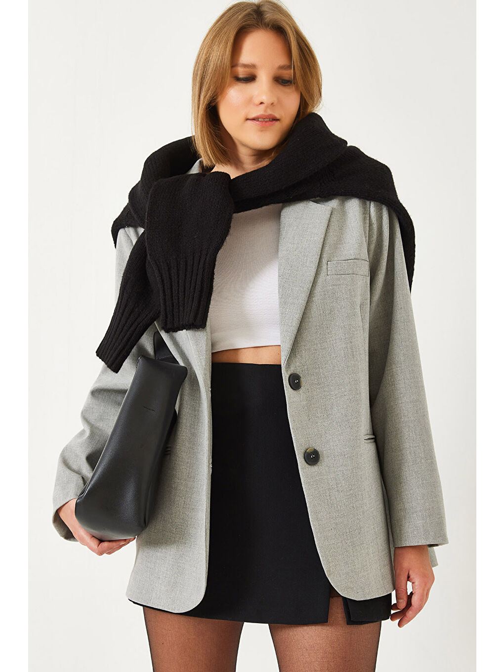 Gri Kadın Vatkalı Çift Cepli Astarlı Blazer Ceket