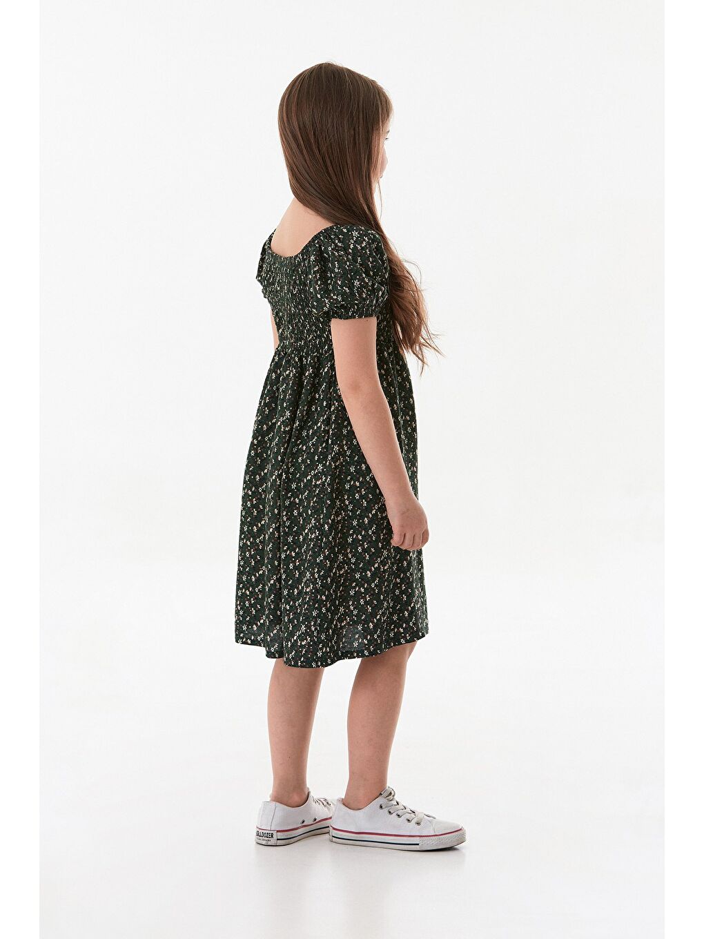 Yeşil Çiçekli Madonna Yaka Balon Kol Kız Çocuk Elbise-4