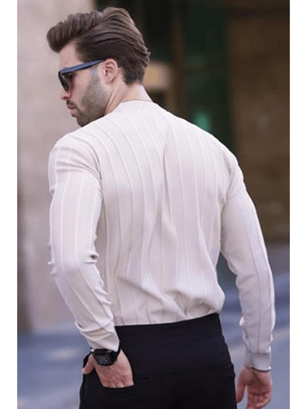 Bej Bisiklet Yaka Çizgili Uzun Kollu Kazak 7244-2