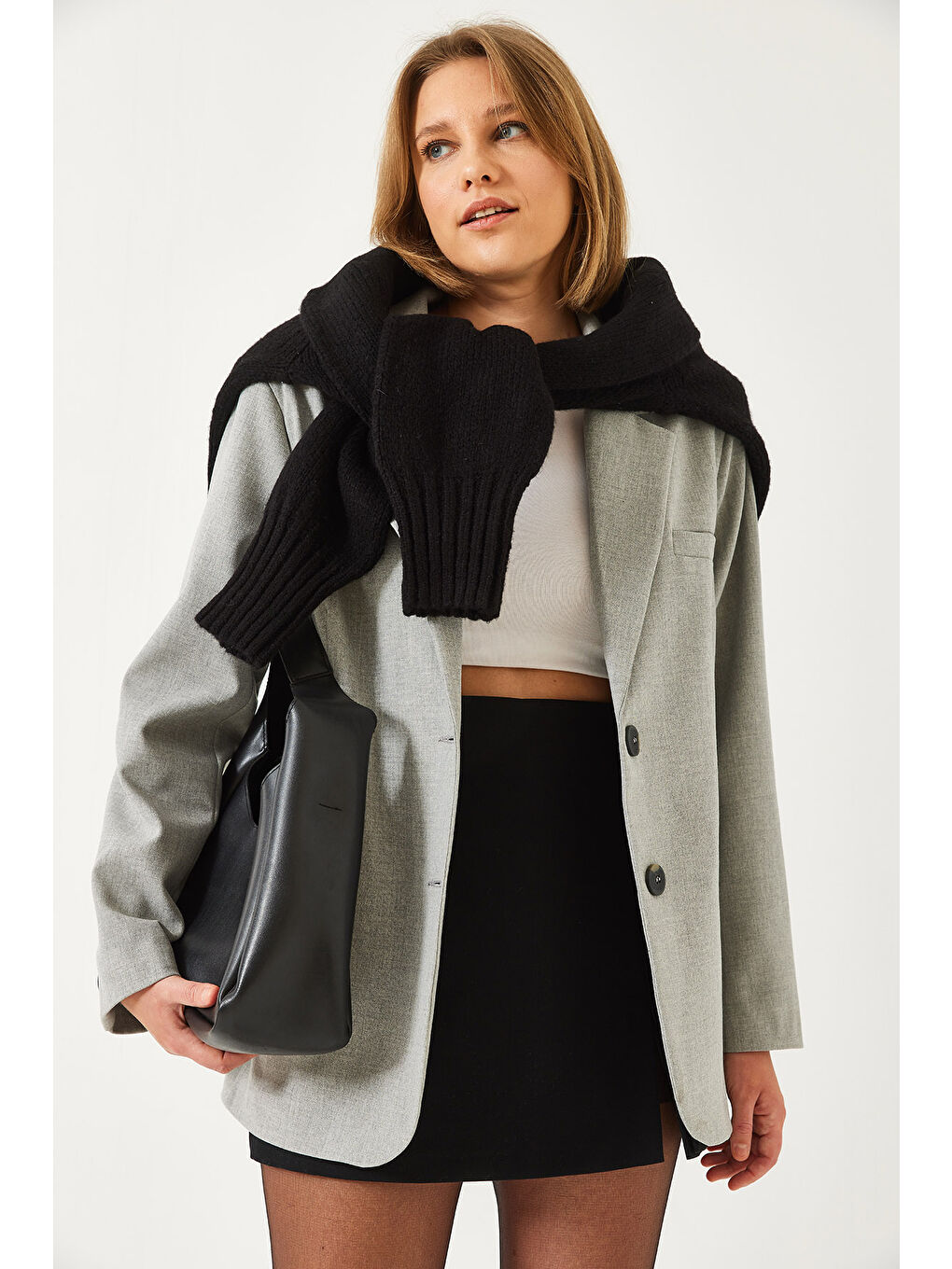 Gri Kadın Vatkalı Çift Cepli Astarlı Blazer Ceket-1