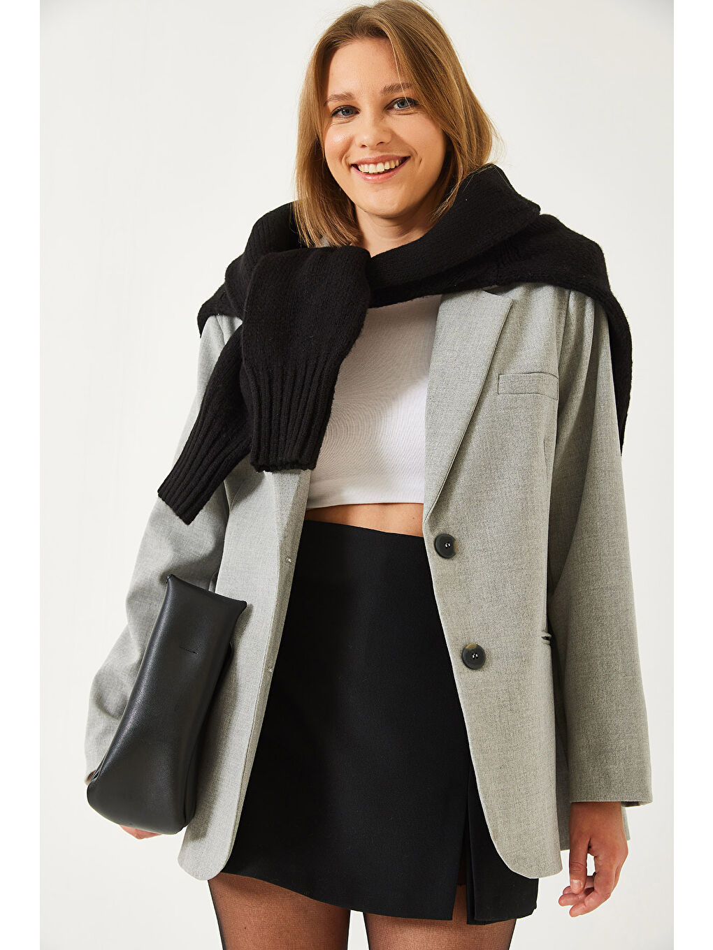 Gri Kadın Vatkalı Çift Cepli Astarlı Blazer Ceket-2