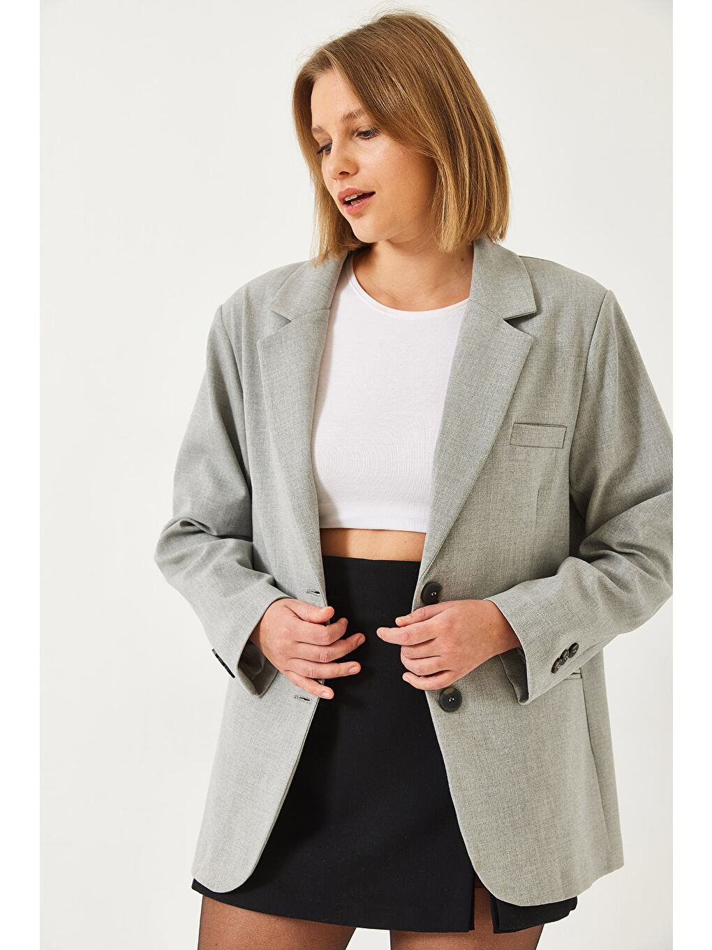 Gri Kadın Vatkalı Çift Cepli Astarlı Blazer Ceket-4