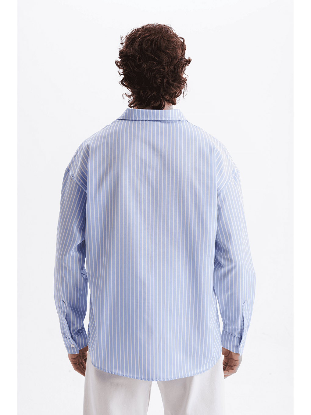 Erkek %100 Pamuklu Çizgili Gömlek Buz Mavisi-2